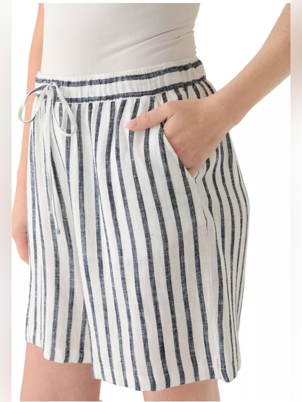 Kim Rogers women’s size XL Striped Linen-Blend‎ Drawstring Shorts - White & navy